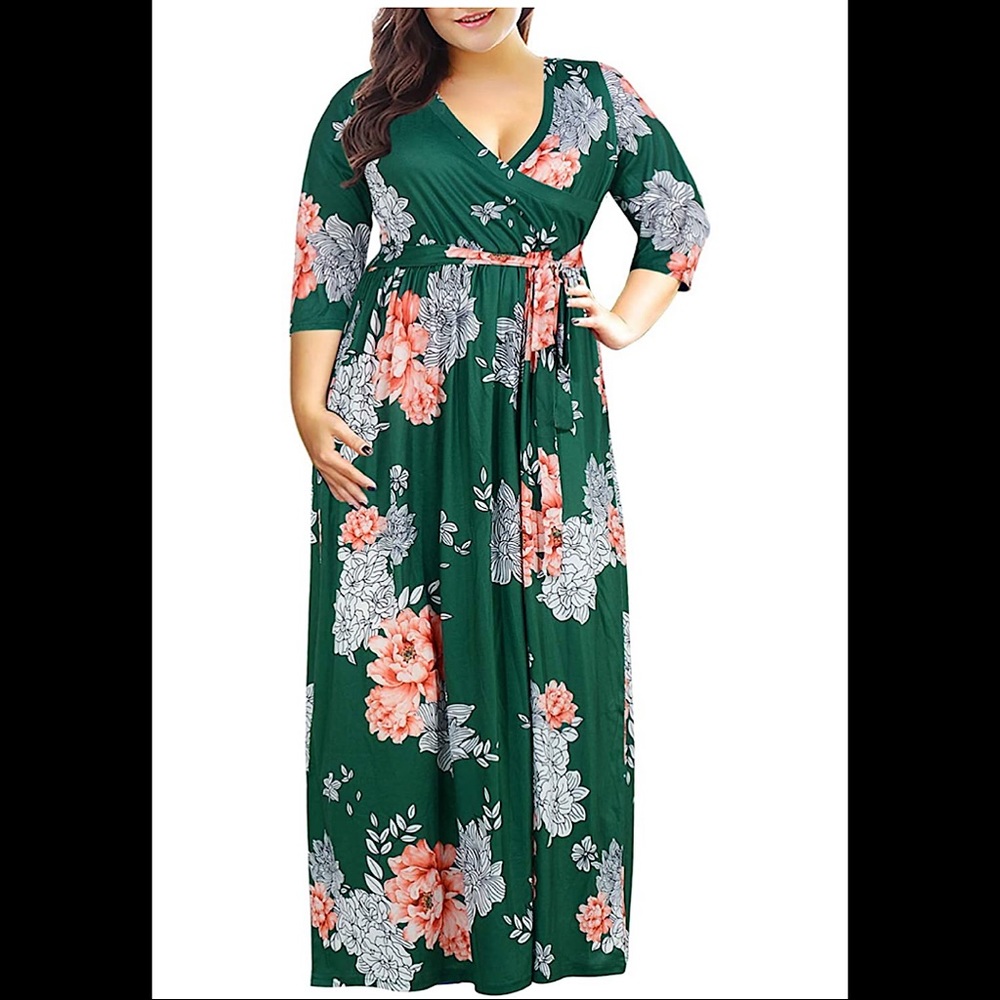 🆕3/4 Sleeve Floral Print Plus Size Maxi Dr…